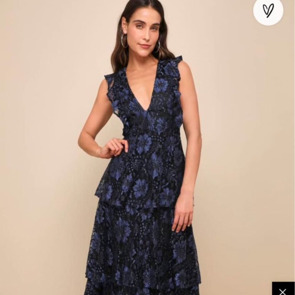 Molinetto Navy Blue Lace Ruffled Tiered Sleeveless Maxi Dress